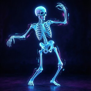 Schelet dansând cu oase luminescente în albastru neon — Albastru neon Fundal