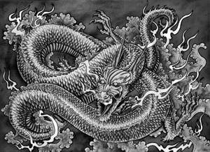 Schita japoneză alb-negru a unui dragon PC