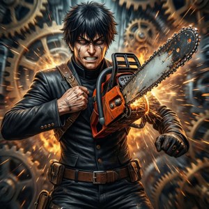 Denji în mijlocul transformării cu ferăstrău cu lanț aprins, fundal abstract mecanic. — Pixel Watch Fundal