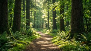 O potecă verde și liniștită prin pădure, scăldată în lumina soarelui, perfectă pentru iubitorii naturii. — Estetică verde GIF Fundal