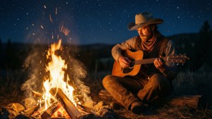 Un cowboy cântând la chitară lângă un foc de tabără sub stele. imagine de fundal