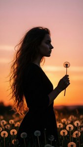 Siluetă estetică de fată cu păpădie la apus. imagine de fundal