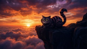 Silueta Pisicii Cheshire pe fundalul unui apus colorat. — Cheshire Cat Fundal