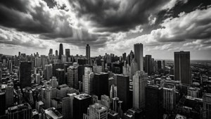 Tapet ultra-wide alb-negru cu un orizont urban. — 5120x1440 Fundal