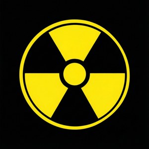 Ilustrație plată a unui simbol trefoil de radiație pe fundal negru. — Tecno Phantom Fundal
