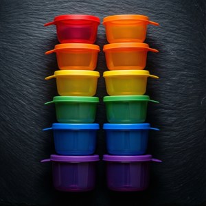 Tupperware în culorile curcubeului aranjat simetric pe ardesie pentru un wallpaper impresionant. — Tecno Phantom Fundal