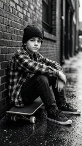 Băiat skater melancolic în alb și negru odihnindu-se lângă un zid de cărămidă în ploaie. — Estetică skater boy Fundal