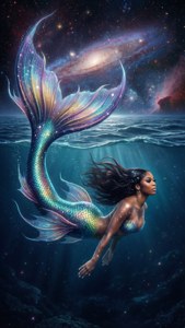 Doja Cat ca o sirenă într-un ocean galactic, artă fantasy cosmică