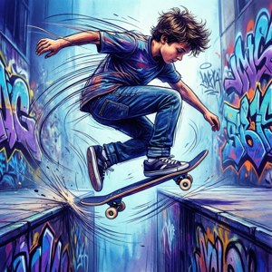 O ilustrație artistică a unui skater în aer, cu culori vibrante. — Estetică skater boy Fundal