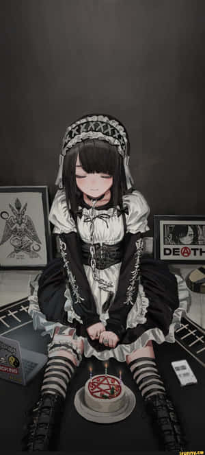 Goth Anime Maid In Front Of Pentagram Cake — Huawei Mate X7 Fundal