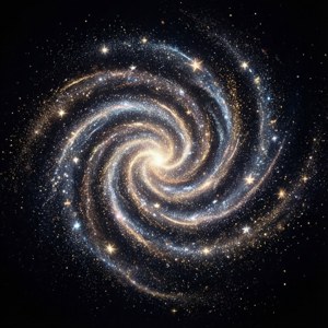 O formă de galaxie spiralată făcută din praf magic sclipitor și stele, pe un fundal negru, cosmică și elegantă. — Huawei nova Flip Fundal
