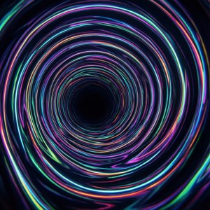 Un tunel spiralat adânc conturat în lumină neon.