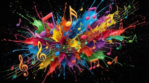 Note muzicale abstracte colorate și pete de vopsea pe fundal negru. — Muzică estetică Fundal