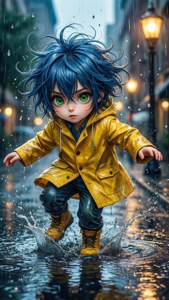Un copil anime cu păr albastru stropind cu bucurie într-o baltă pe o stradă ploioasă a orașului. — Anime copii Fundal