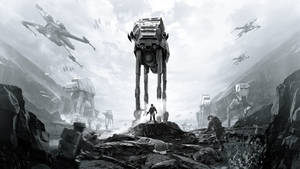 Wallpaper cu vizualizări în tonuri de gri ale copertei jocului Star Wars Battlefront.