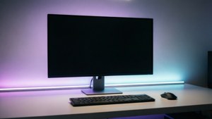 Configurație desktop curată și modernă, cu iluminare RGB.