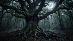 O pădure întunecată cu un stejar răsucit sub lună plină, atmosferă înfiorătoare și gotică. — Pădure întunecată Fundal