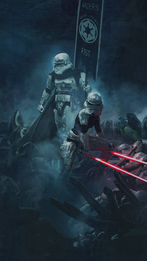 Fundal Războiul Stelelor cu Stormtrooper într-o luptă pe un câmp de luptă în spațiul cosmic.