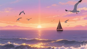 Un apus de soare anime uimitor peste mare, cu culori calde și o senzație nostalgică. — Peisaj anime GIF Fundal