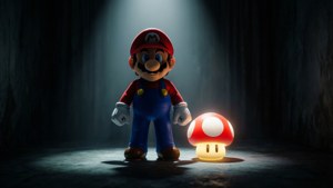 Mario iluminat de o Super Ciupercă strălucitoare într-o cameră întunecată și misterioasă, contrast ridicat.