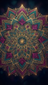 Model intricat de mandală în auriu și turquoise, strălucind pe un fundal întunecat, pentru iPhone 11 Pro Max.