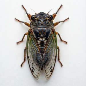 Nimfă de cicadă pe fundal alb, iluminare de studio, simetrică, detaliu înalt, stil de ilustrație științifică. — Detaliat Fundal