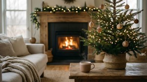 Sufragerie de Crăciun cozy și estetică, cu șemineu și pom minimalist. — Estetic de Crăciun Fundal