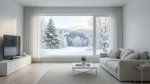 O sufragerie minimalistă albă, senină, cu vedere la zăpadă, perfectă pentru un fundal calm. — Alb aesthetic Fundal