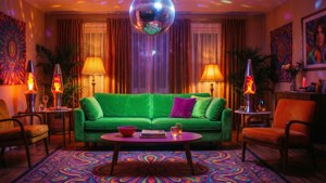 O sufragerie groovy din anii 1970, cu mobilier neon și discotecă imagine de fundal