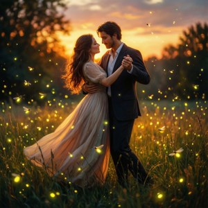 Un cuplu romantic dansează printre licurici într-un apus de mijloc de vară. — Pixel Watch 3 Fundal