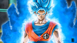 Fundal de perete cu Son Goku emanând o flacără albastră uriașă.