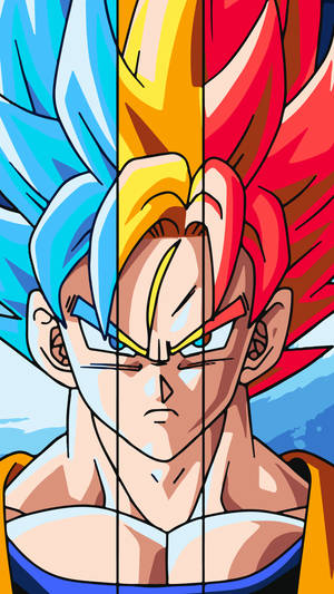 Dragon Ball Z super broly San Goku cu păr multicolor în albastru, galben și roșu. Anime popular.