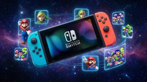 Tapet SF cu Nintendo Switch plutind printre icoane de jocuri în spațiu