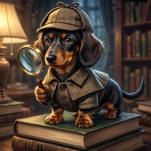 Un teckel anime deștept în rol de detectiv investighează într-o biblioteca confortabilă. — Galaxy Watch Fundal