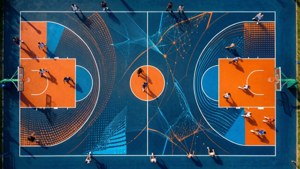 Teren de baschet geometric abstract, cu culori vibrante și vizualizare a datelor. — Baschet GIF Fundal