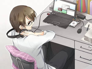 Tip anime care își ține căștile în timp ce lucrează la laptop — Anime laptop Fundal