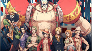 Fan art frumos al echipajului Pălăriei de Paie în fundal One Piece.