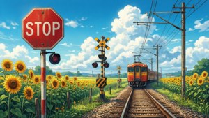 O trecere de cale ferată anime înconjurată de câmpuri de floarea-soarelui.
