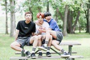 Trio BTS Estetic pe Banca din Parc — Estetic bts Fundal