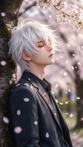 Un băiat anime trist sprijinit de un copac cu flori de cireș, petală căzând în jurul lui. — Anime trist GIF Fundal