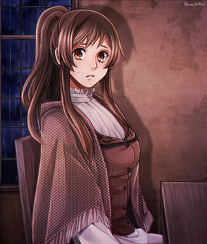 Fundal de ecran HD fată anime tristă nervoasă brunetă stând purtând eșarfă. — Galaxy Z Fold Fundal