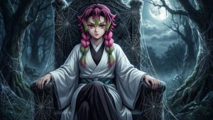 Rui stă pe un tron făcut din pânze de păianjen, sub lumina lunii. — Rui Demon Slayer Fundal