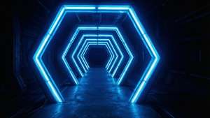 Vedere în perspectivă a unui tunel hexagonal neon albastru, futurist și luminos. — Albastru neon estetic Fundal