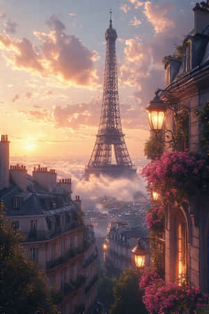 Franța,Paris,Turnul Eiffel,răsărit,acoperișuri,casete de flori,lampadare,romantic,ceață,oraș,călătorii,4K — 4K Fundal