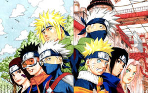 Minato cu echipa sa și Kakashi cu echipa sa, Naruto, Sasuke și Sakura.