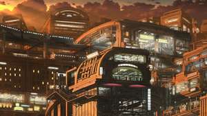 Tapet cu un oraș asiatic anime futurist, cu clădiri comerciale.