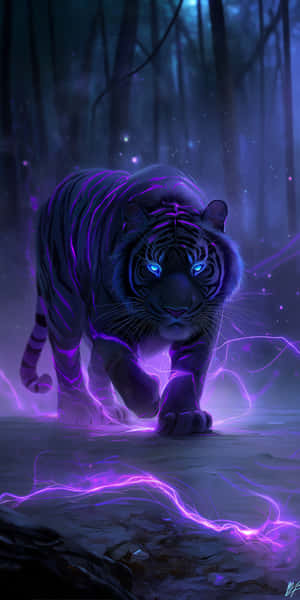 tigru,animal,felină, felină mare,întunecat,negru,violet,strălucire,strălucitor,electric,dungă,ochi,albastru,mistic,magic,magic,fantezie,pădure,noapte,putere
