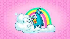 Artă digitală cu unicorn cu margini ascuțite care pare făcută din hârtie albastră cu nori și curcubeu pe un perete roz.