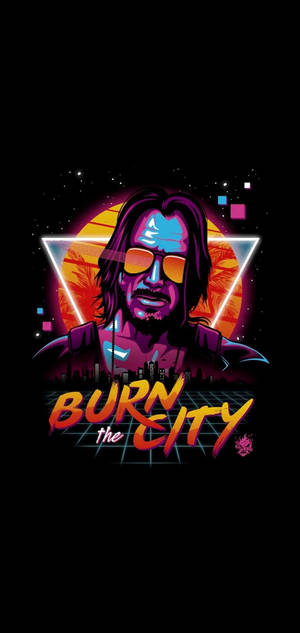 Fundal AMOLED cu opera digitală a lui Keanu Reeves și sloganul ARDE ORAȘUL — iPhone 12 Pro Fundal