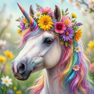 Un unicorn cu o coroniță florală în jurul cornului. — Motorola Razr 2026 Fundal